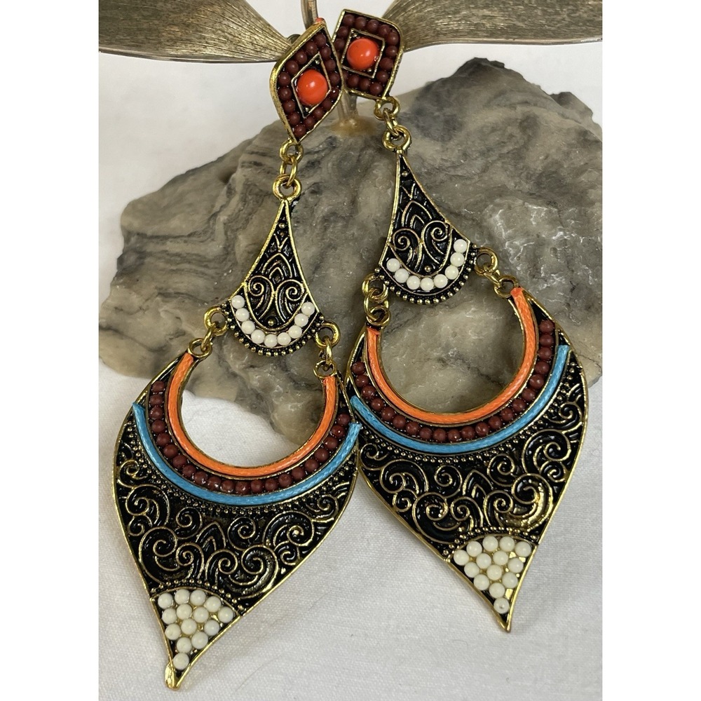Vtg Ornate Metal Beaded Dangling Earrings  3.75" Multicolor Acrylics Gold Tone